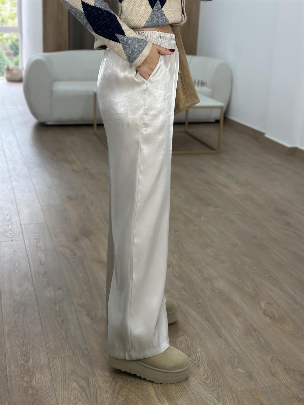 Bol Paça Parlak Pantolon-Taş