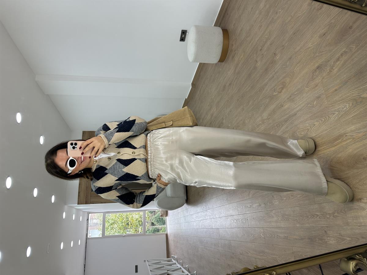 Bol Paça Parlak Pantolon-Taş