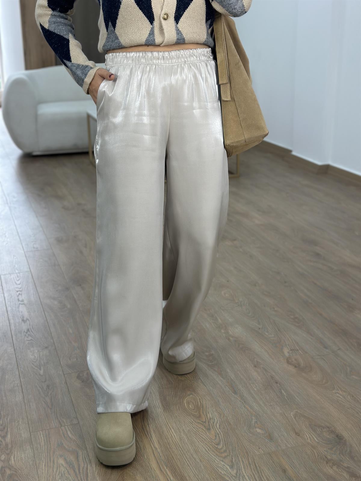 Bol Paça Parlak Pantolon-Taş