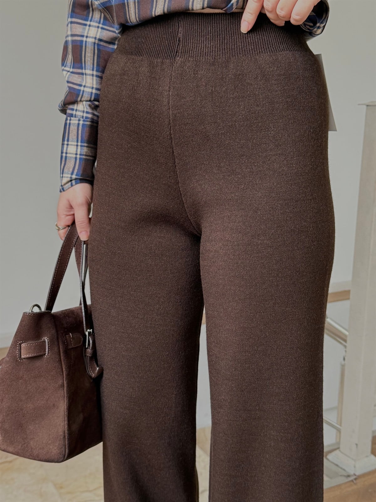 Bol Paça Triko Pantolon - Kahverengi