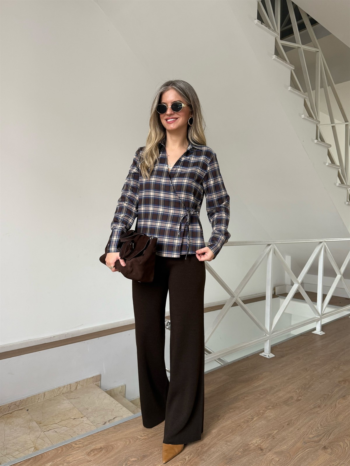 Bol Paça Triko Pantolon - Kahverengi