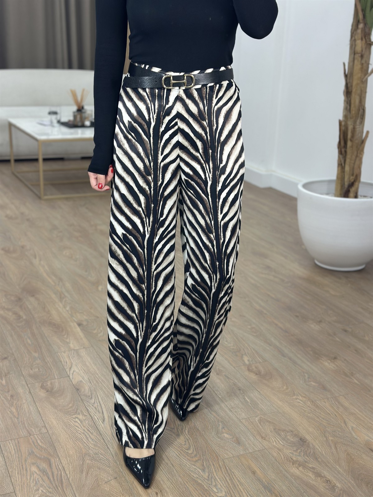 Bol Paça Zebra Saten Pantolon - Bej