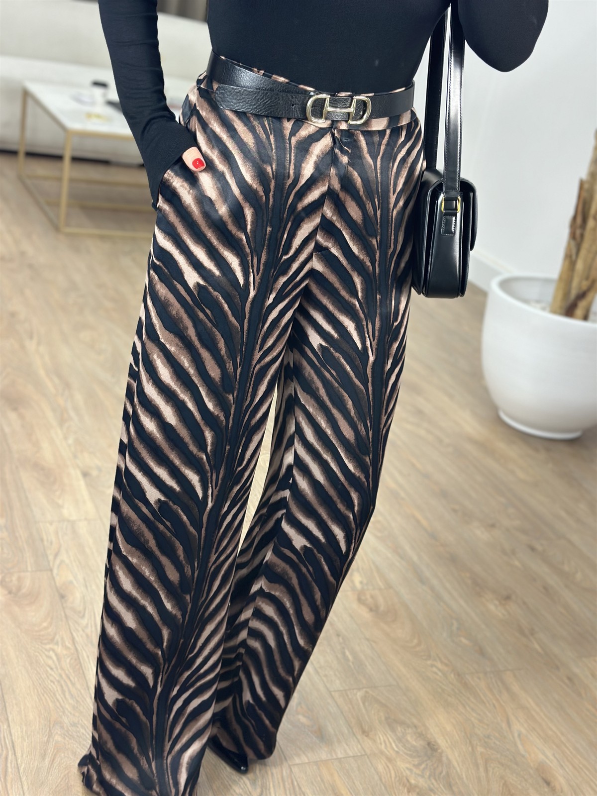 Bol Paça Zebra Saten Pantolon - Kahverengi