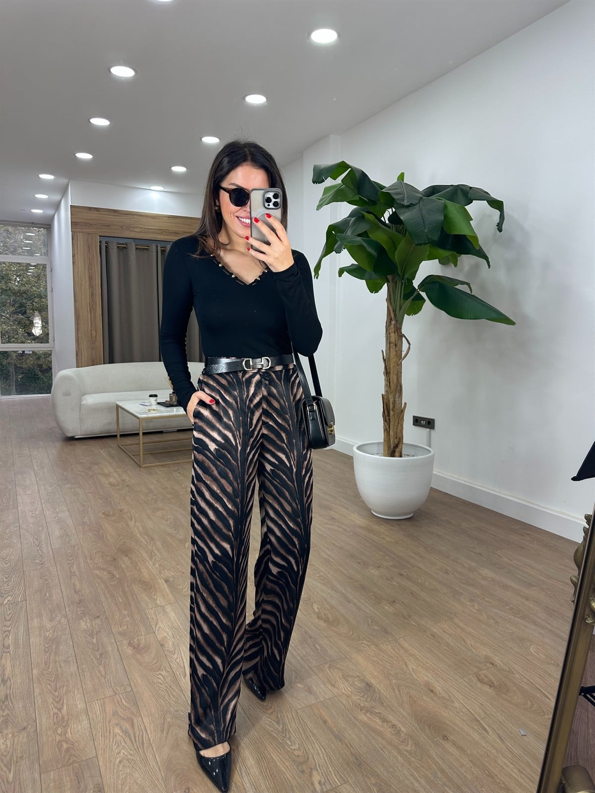 Bol Paça Zebra Saten Pantolon - Kahverengi