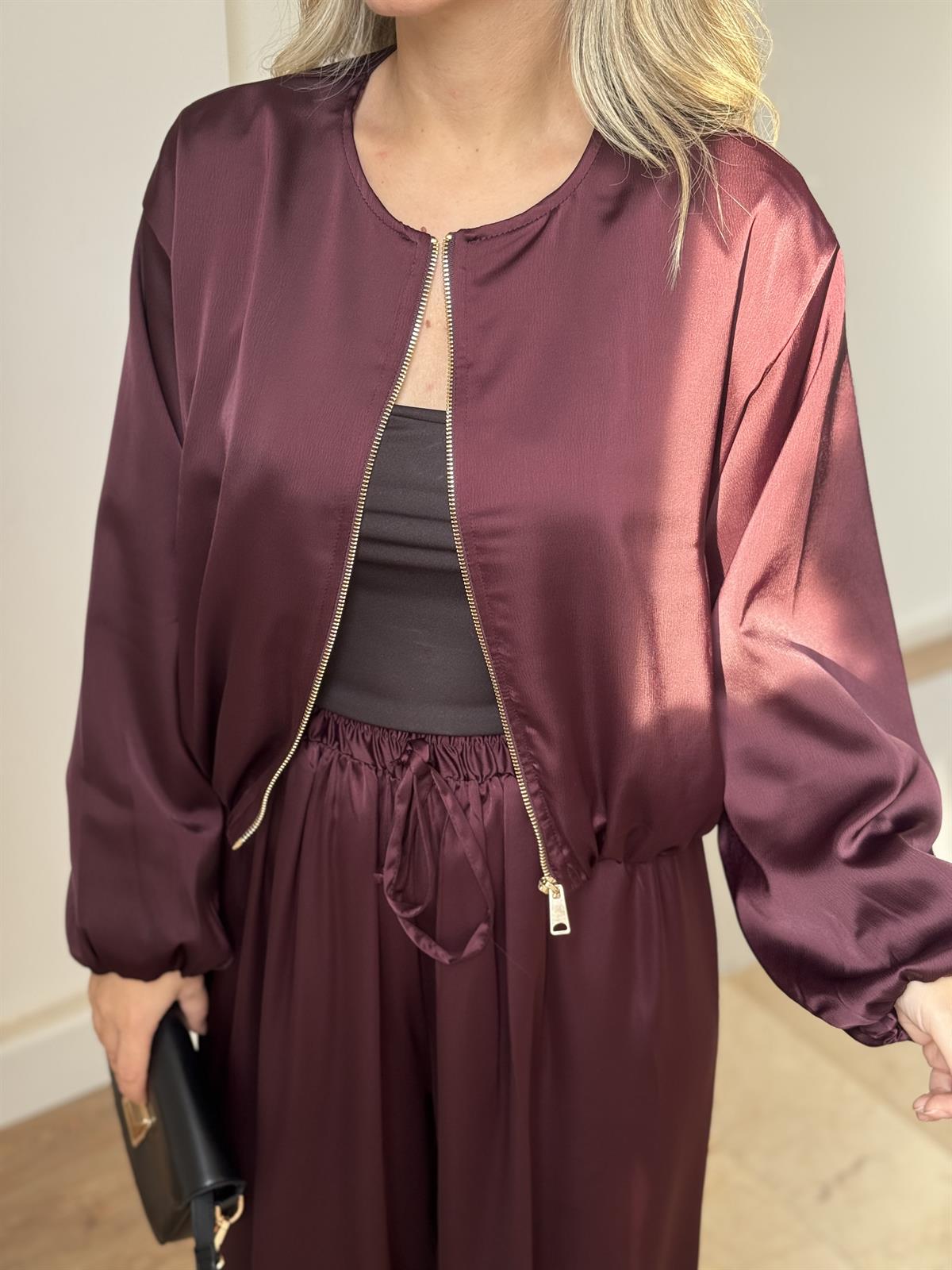 Bomber Saten Pantolon Ceket Takım - Mürdüm