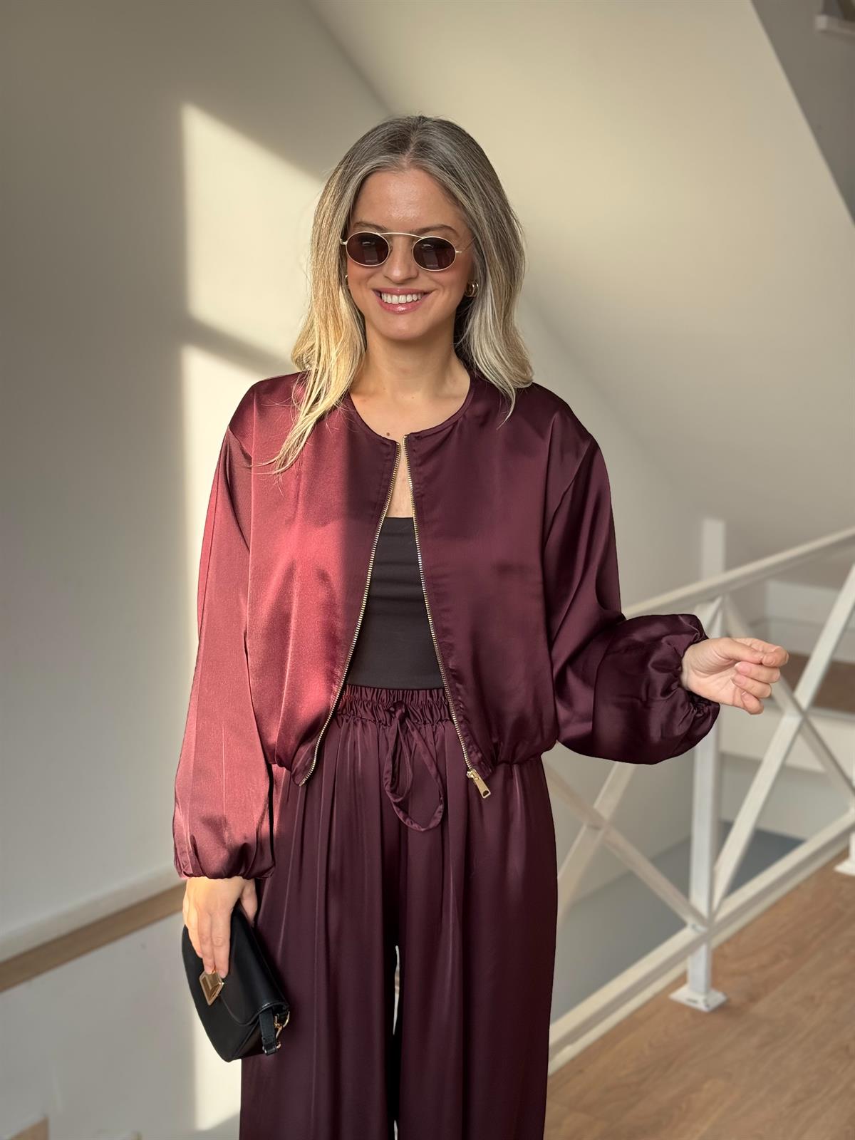 Bomber Saten Pantolon Ceket Takım - Mürdüm