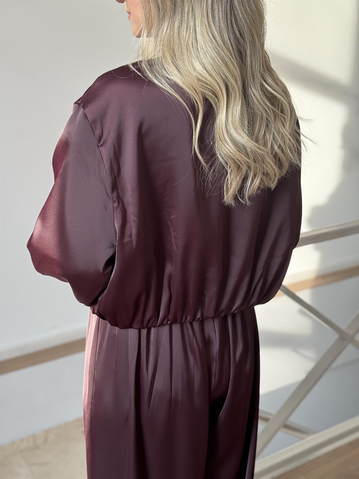 Bomber Saten Pantolon Ceket Takım - Mürdüm