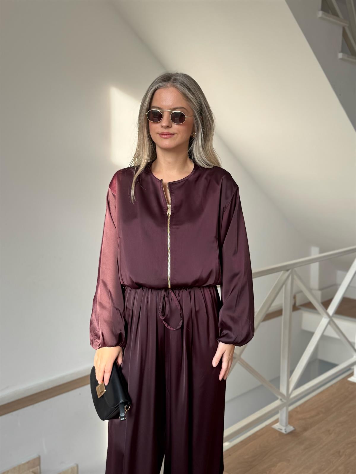 Bomber Saten Pantolon Ceket Takım - Mürdüm