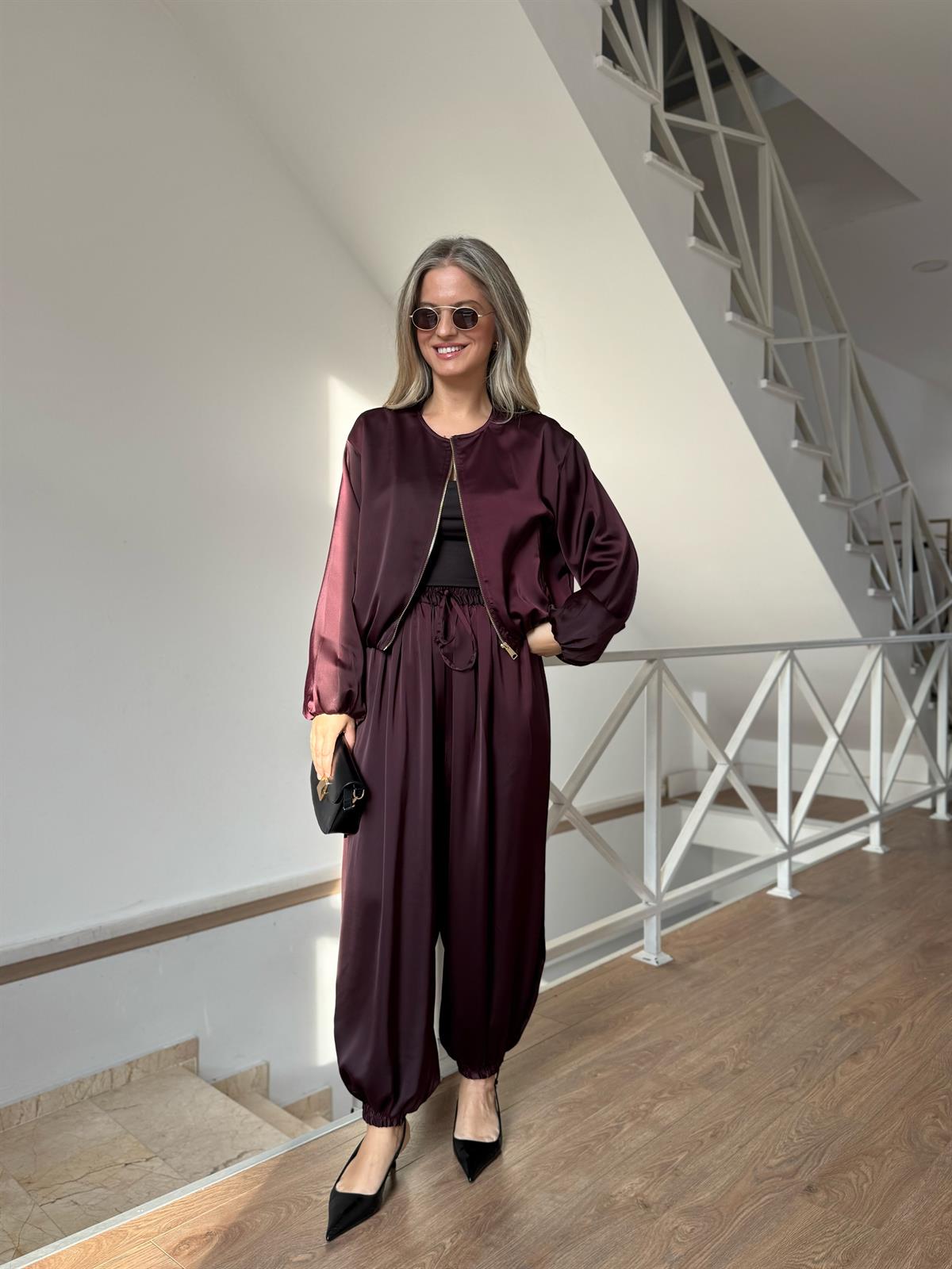 Bomber Saten Pantolon Ceket Takım - Mürdüm