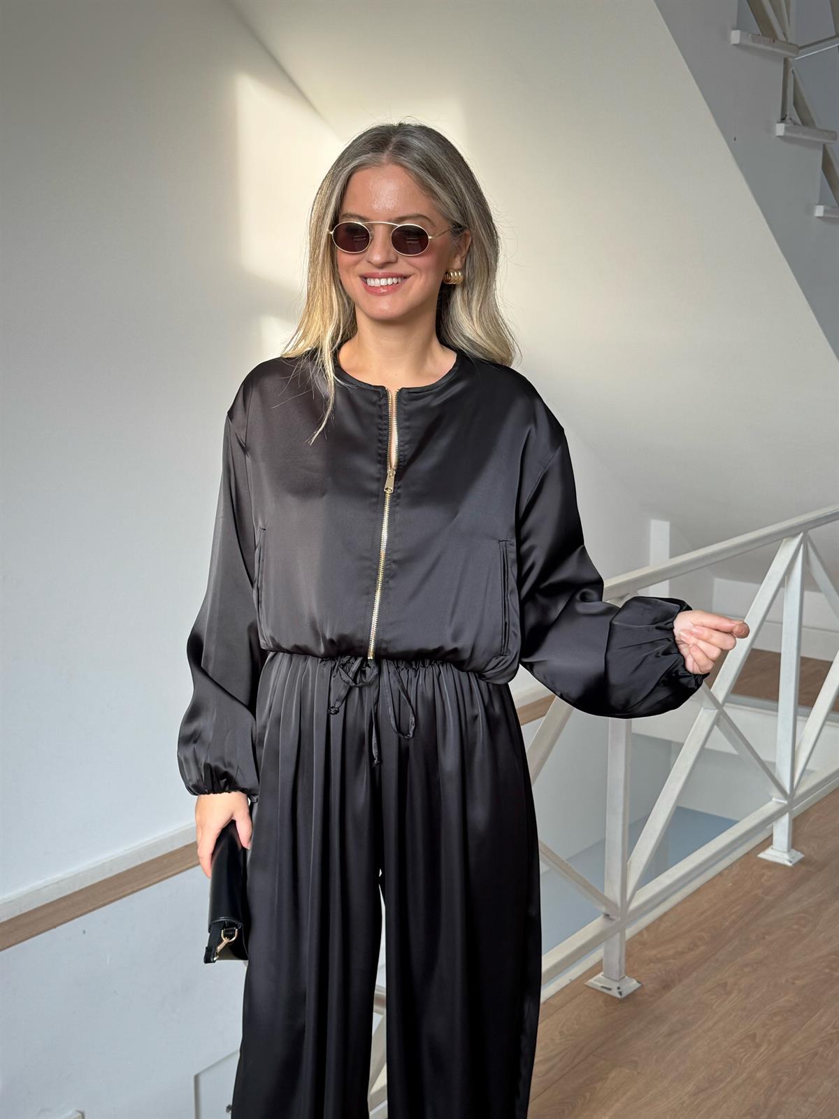 Bomber Saten Pantolon Ceket Takım - Siyah