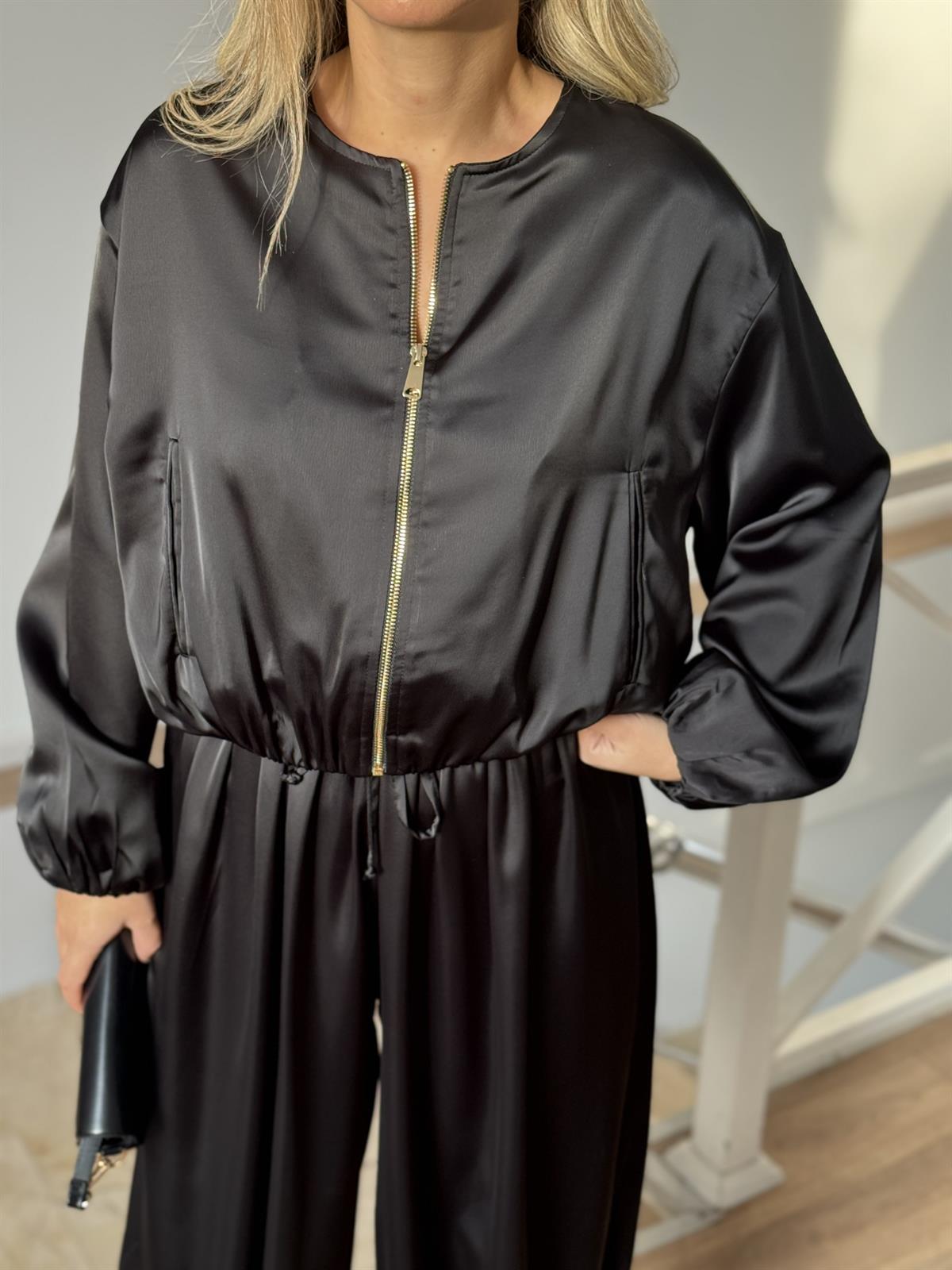 Bomber Saten Pantolon Ceket Takım - Siyah