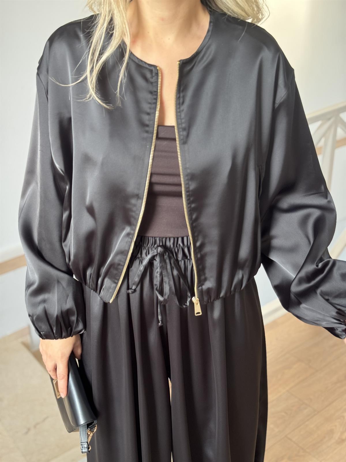 Bomber Saten Pantolon Ceket Takım - Siyah