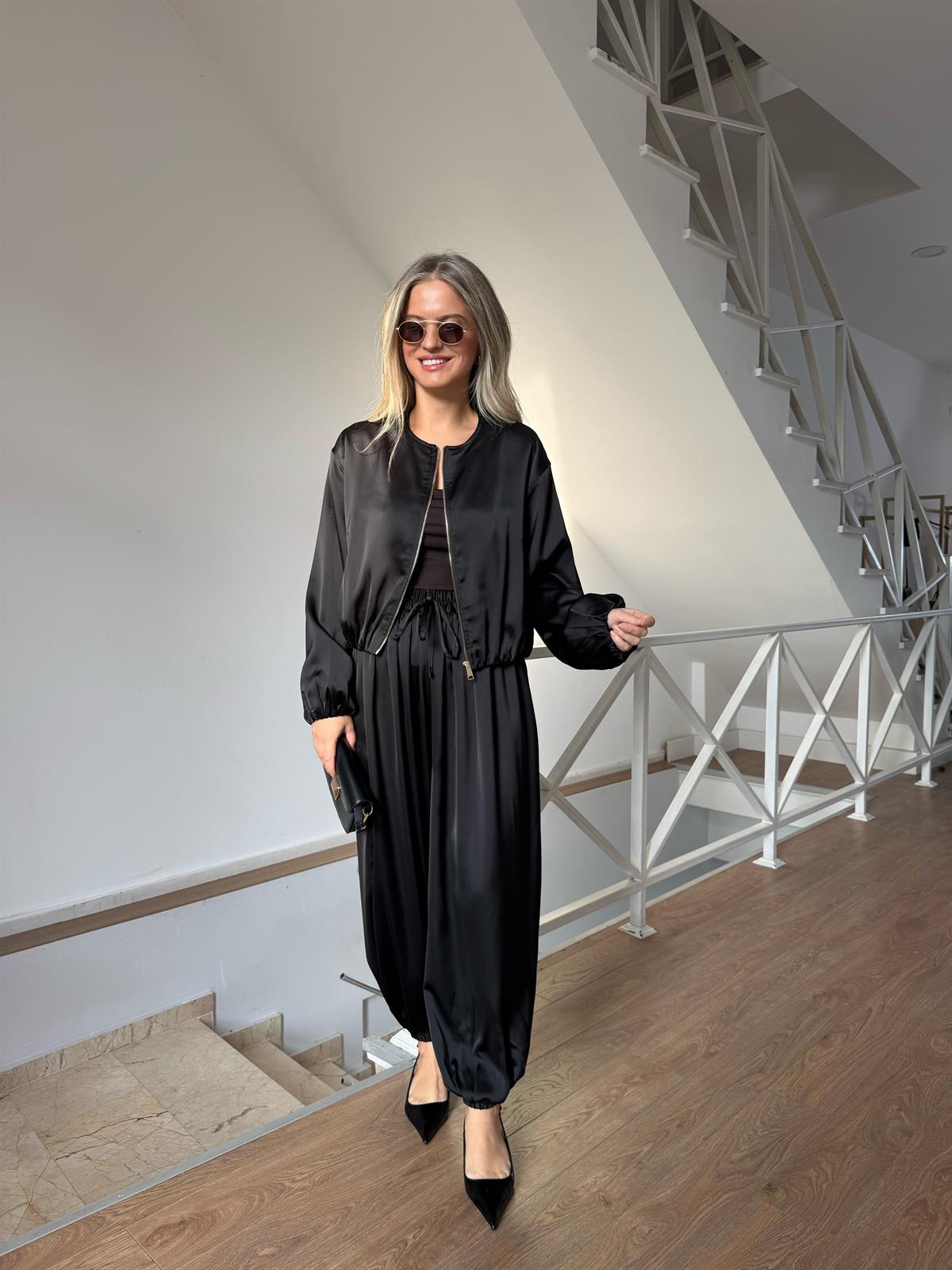 Bomber Saten Pantolon Ceket Takım - Siyah