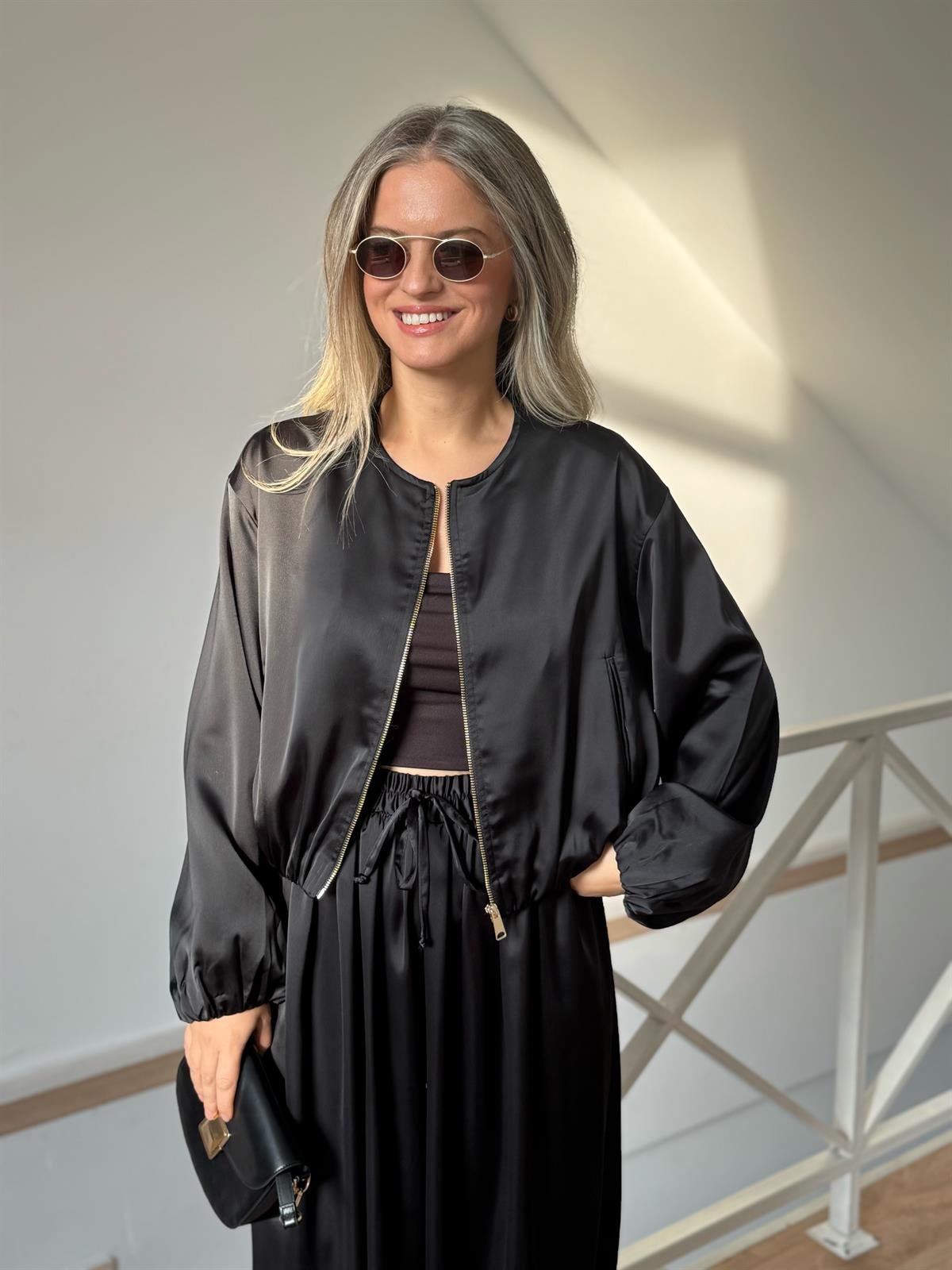 Bomber Saten Pantolon Ceket Takım - Siyah