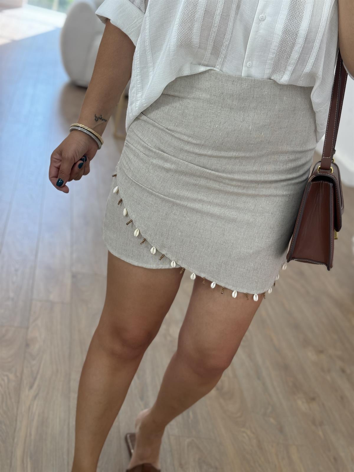 Boncuk Detaylı Keten Etek