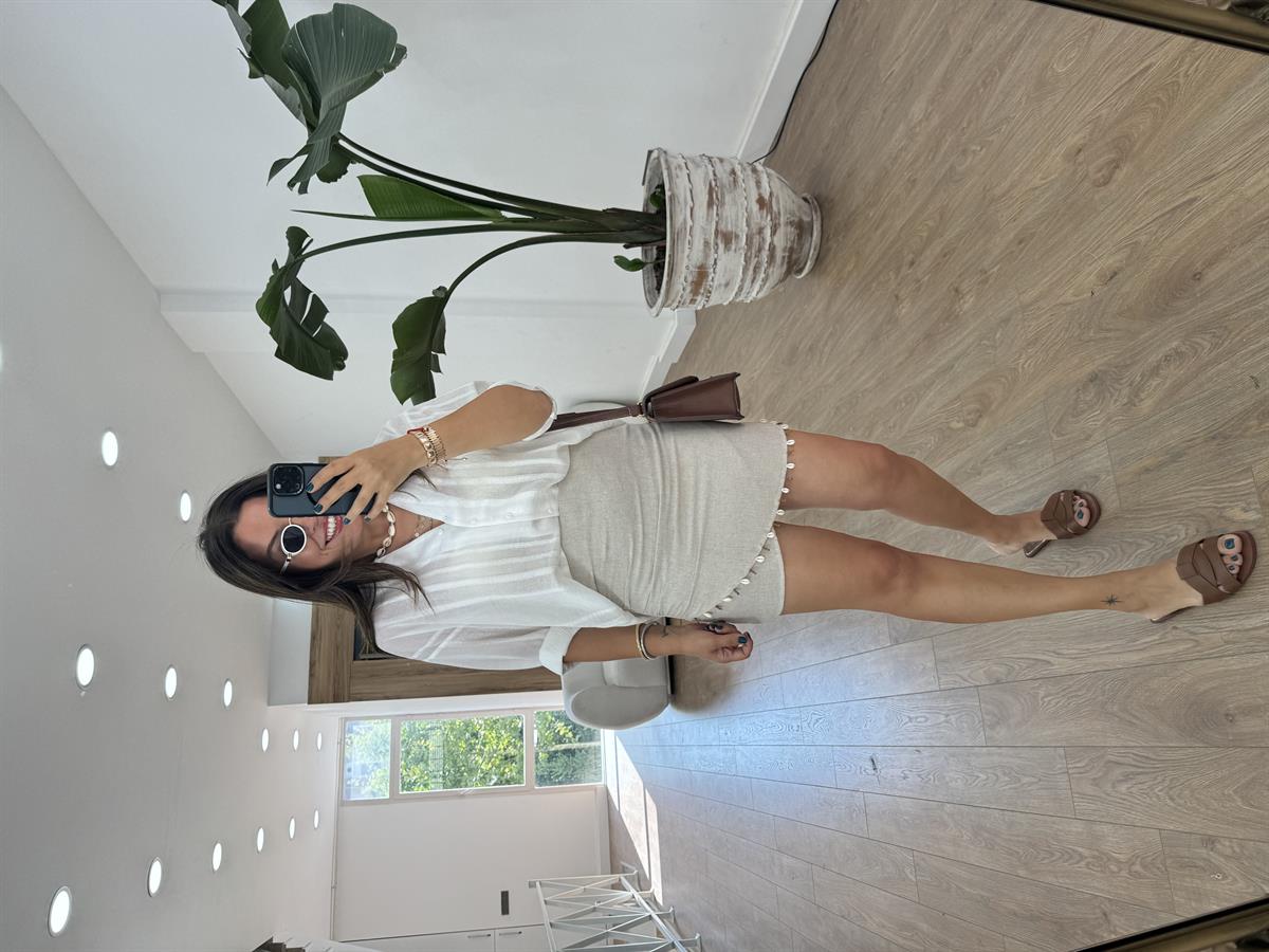 Boncuk Detaylı Keten Etek