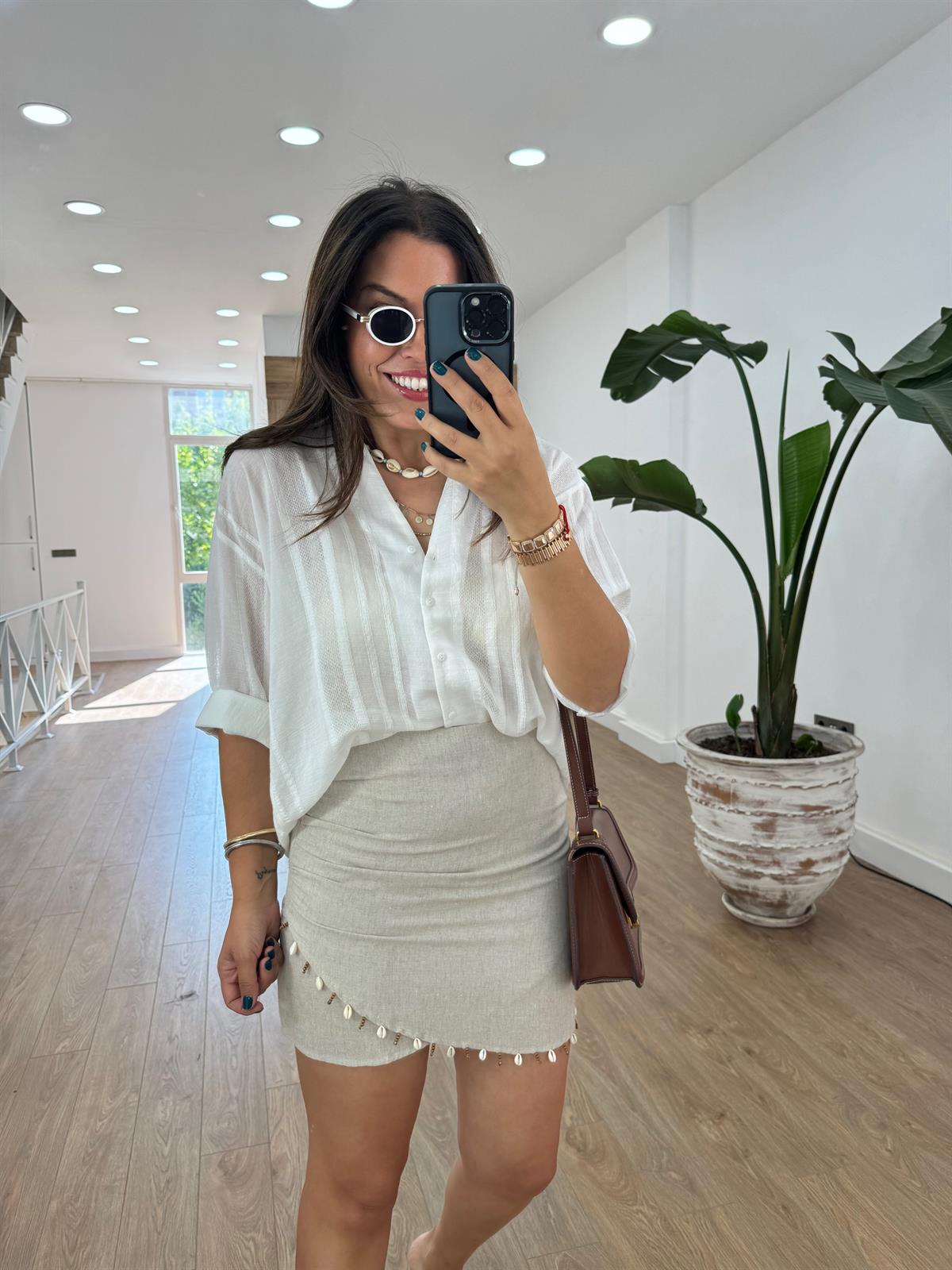 Boncuk Detaylı Keten Etek