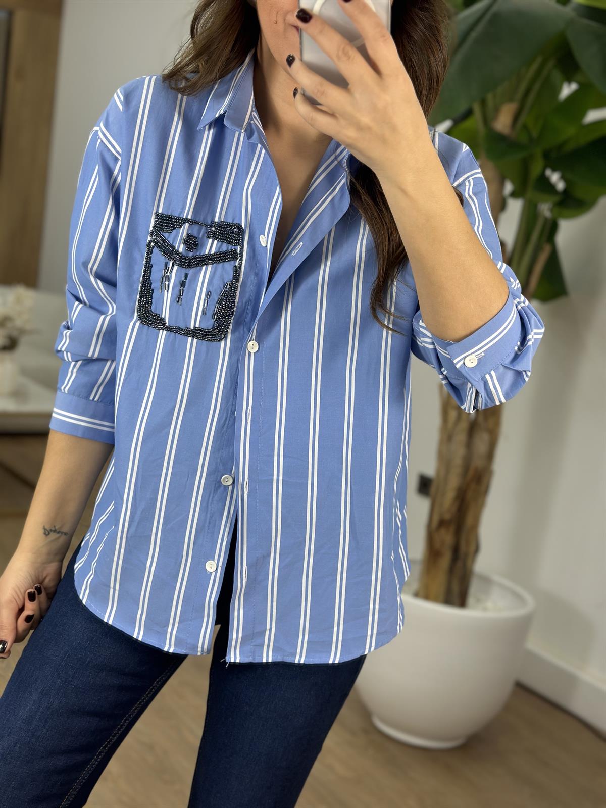 Boncuk İşlemeli Cep Detaylı Çizgili Gömlek 