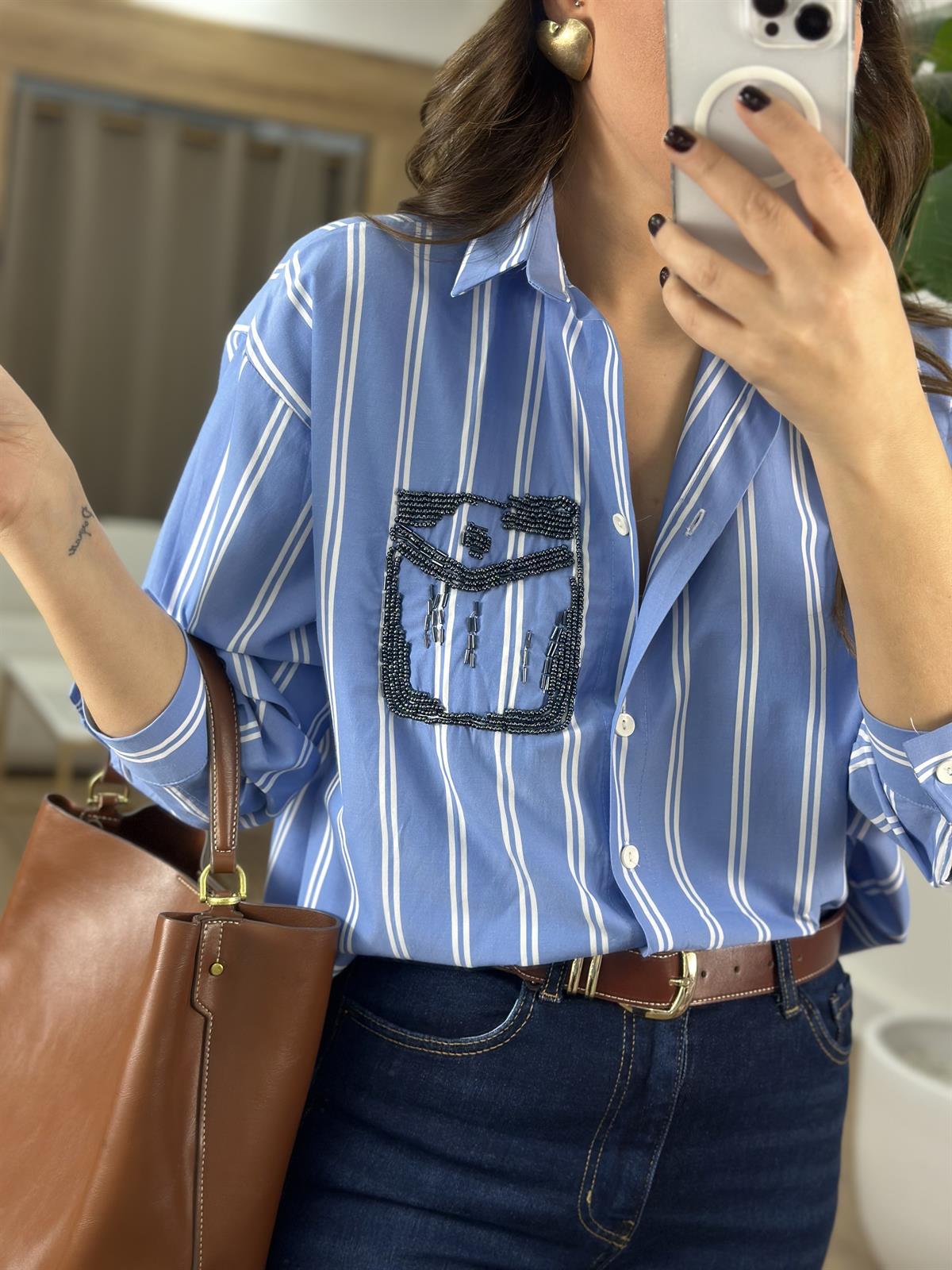 Boncuk İşlemeli Cep Detaylı Çizgili Gömlek 