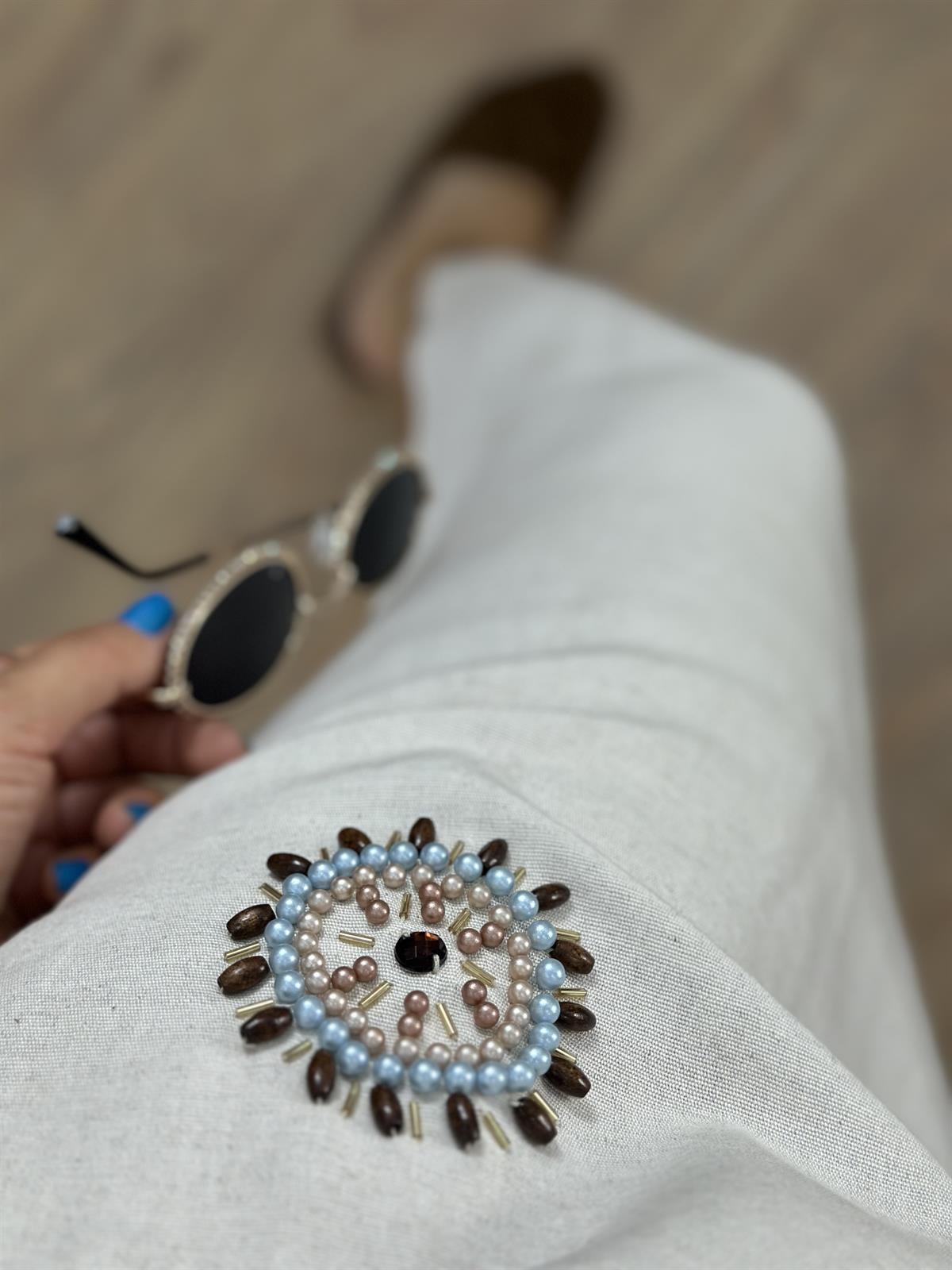 Boncuk İşlemeli Keten Elbise-Taş