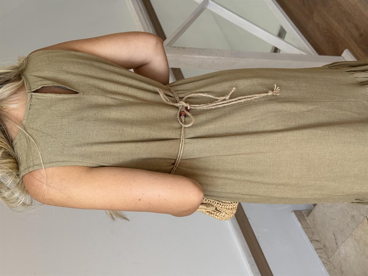 Boncuk Kemerli Keten Maxi Elbise - Haki