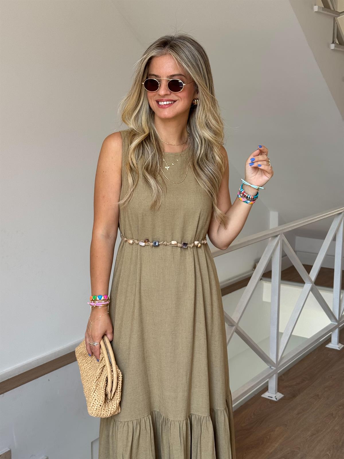 Boncuk Kemerli Keten Maxi Elbise - Haki