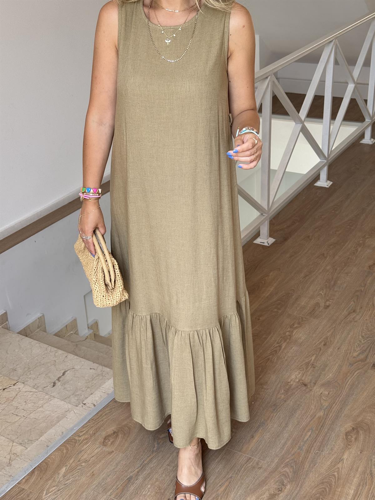 Boncuk Kemerli Keten Maxi Elbise - Haki