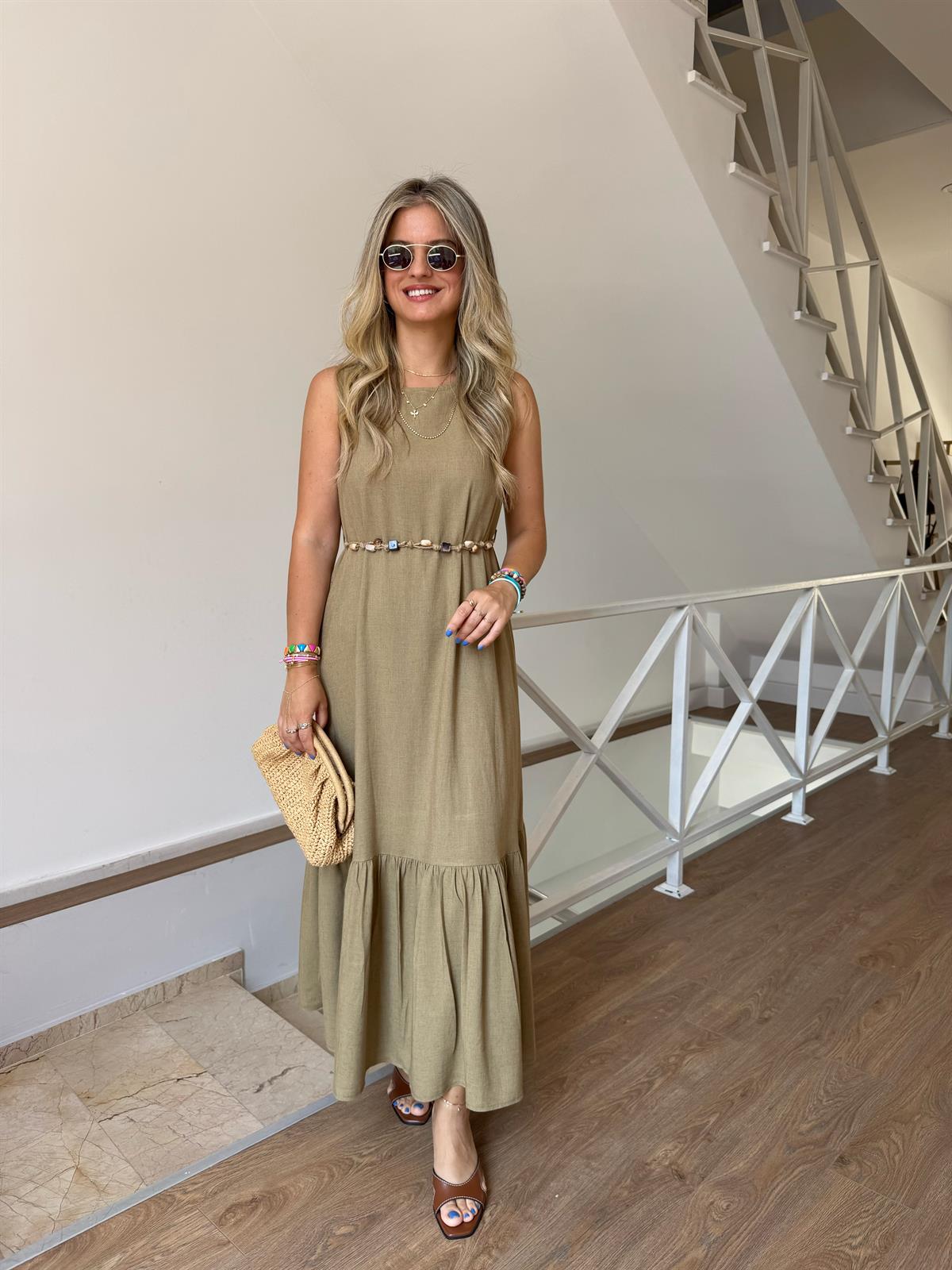 Boncuk Kemerli Keten Maxi Elbise - Haki