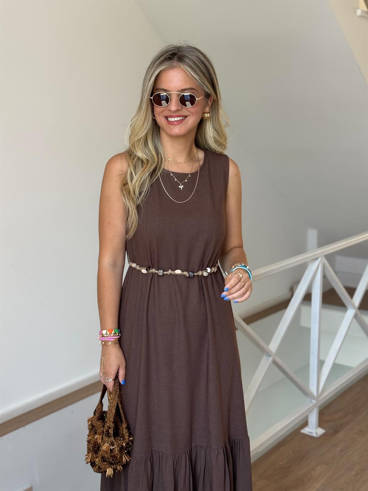 Boncuk Kemerli Keten Maxi Elbise - Kahverengi