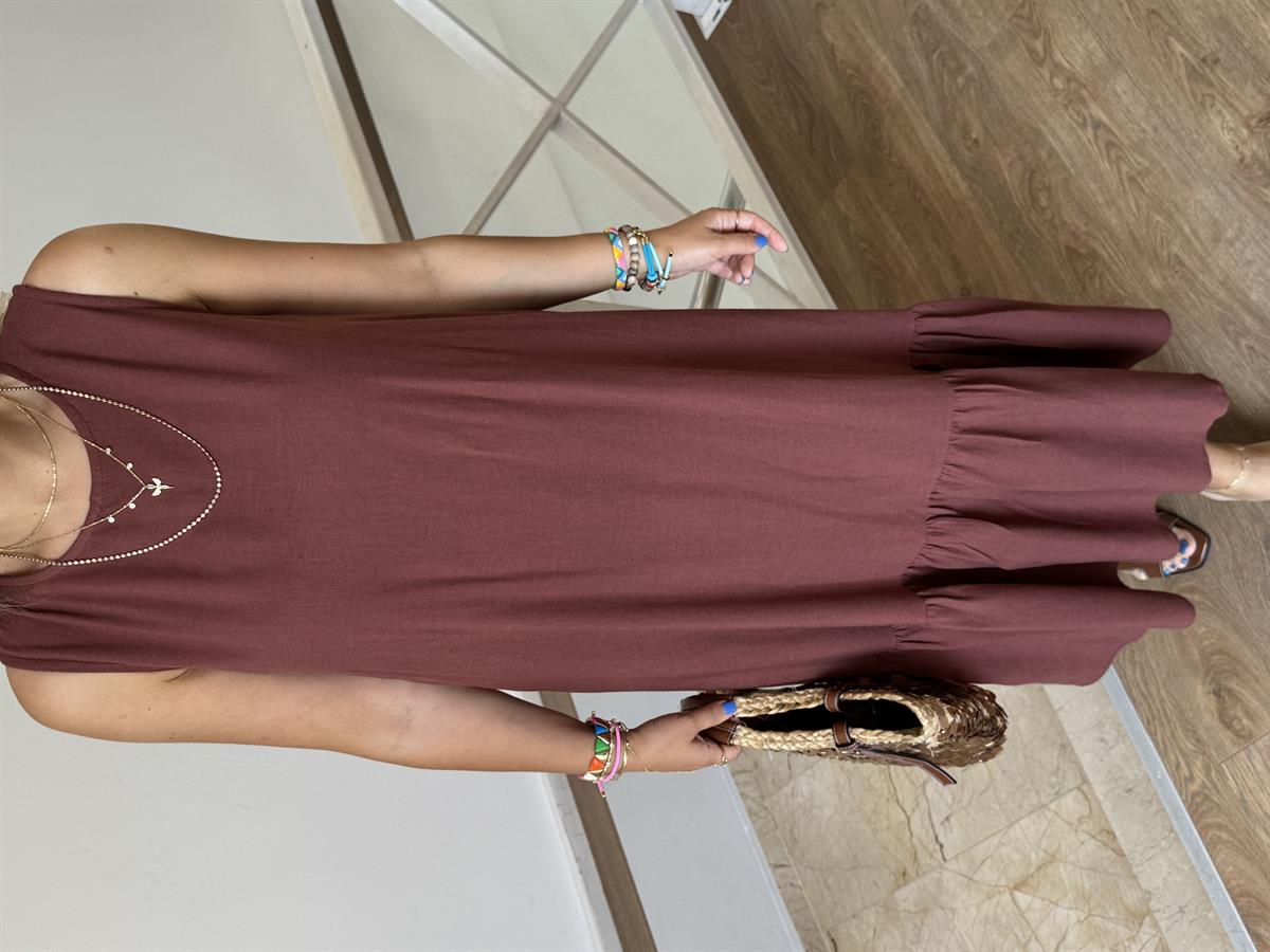 Boncuk Kemerli Keten Maxi Elbise - Kiremit