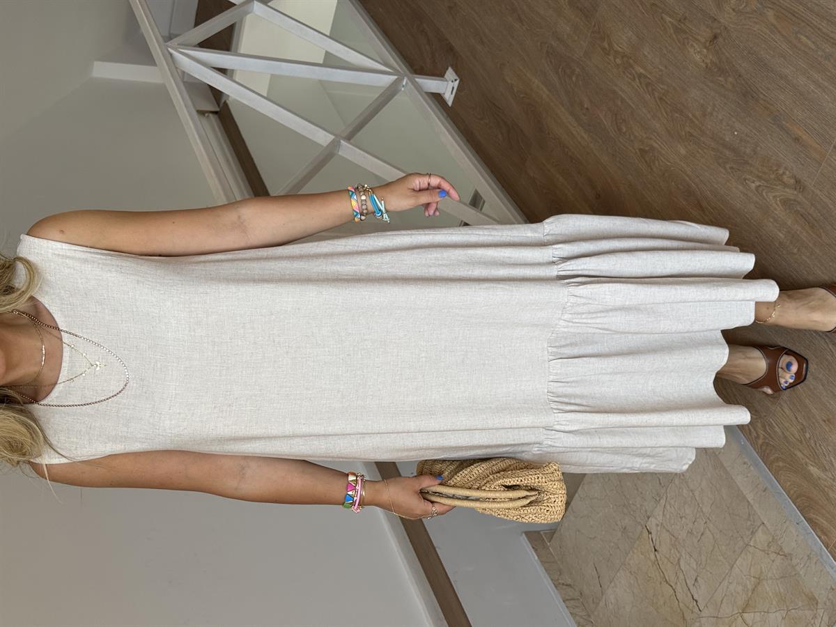 Boncuk Kemerli Keten Maxi Elbise - Naturel