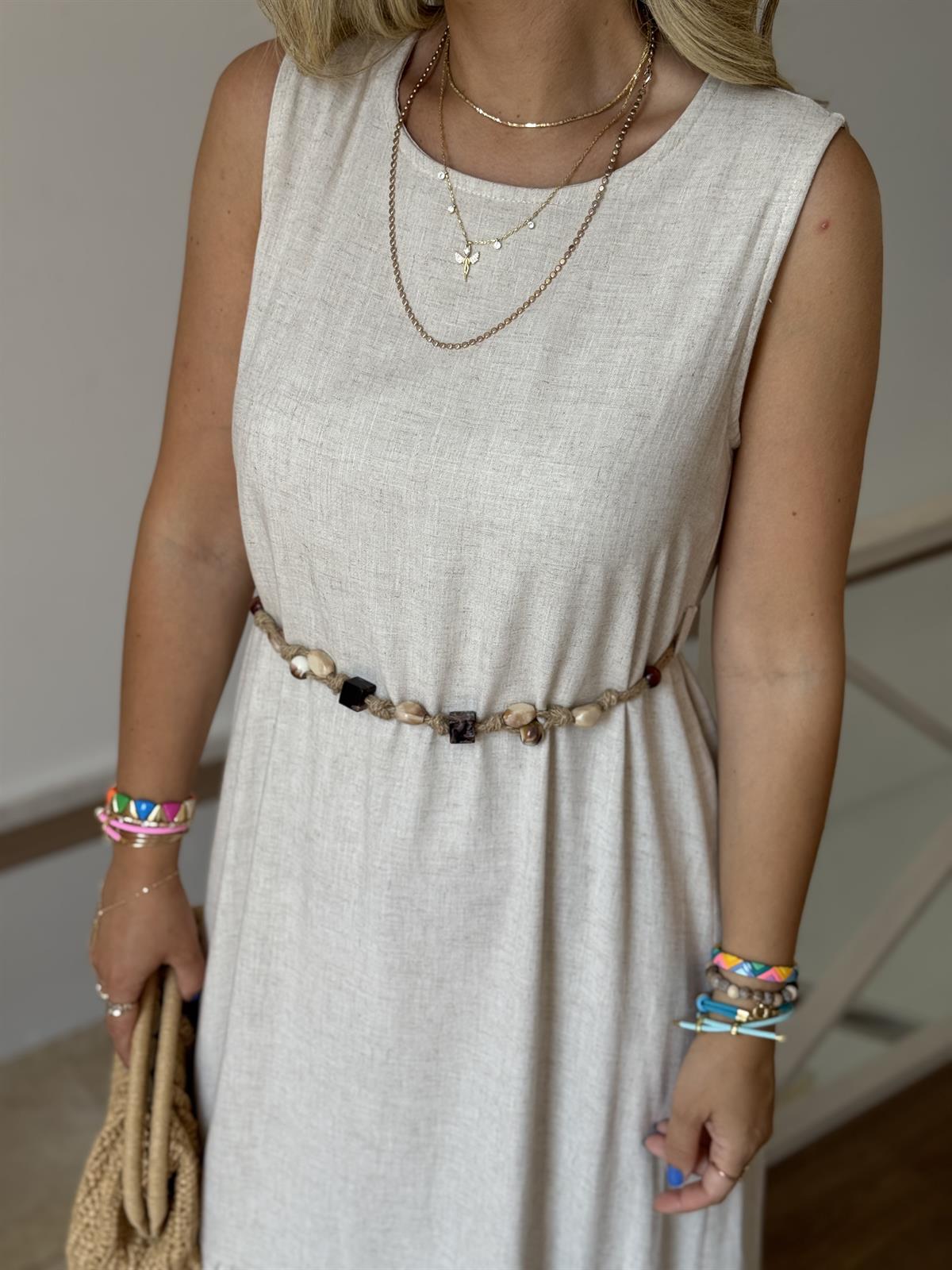 Boncuk Kemerli Keten Maxi Elbise - Naturel