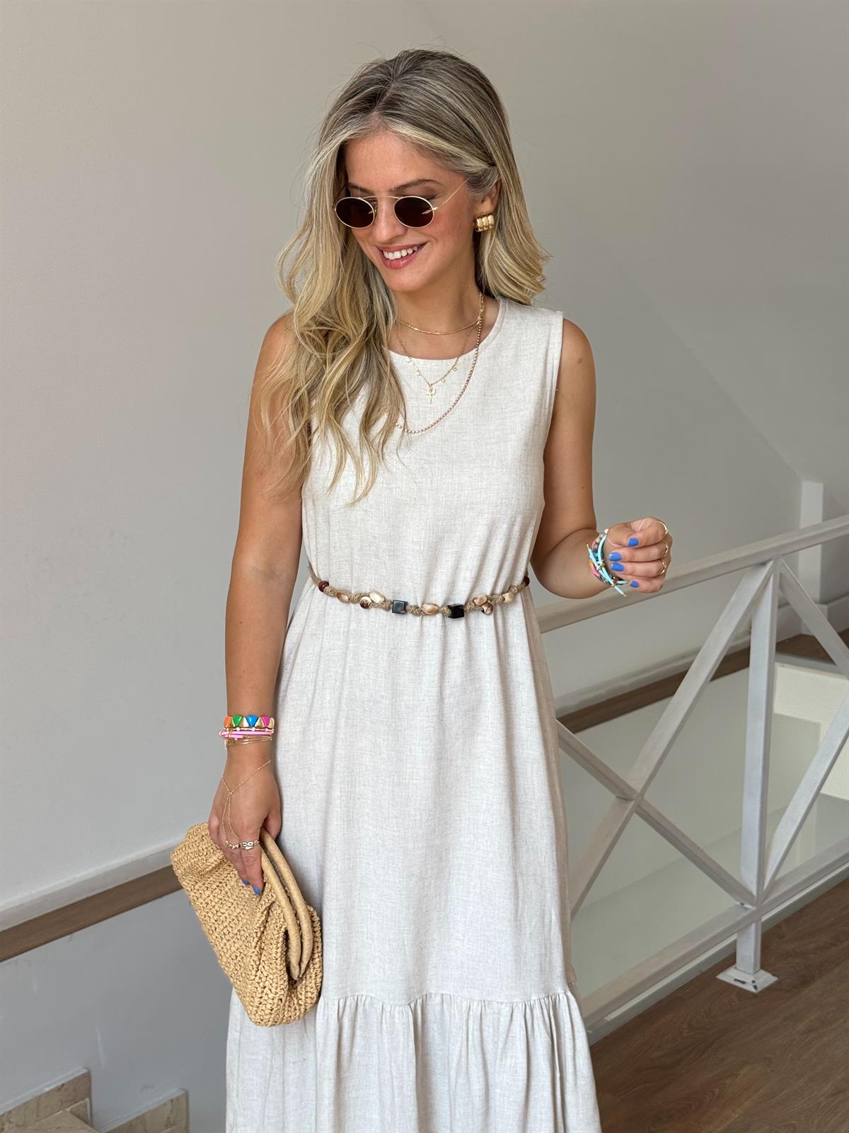 Boncuk Kemerli Keten Maxi Elbise - Naturel