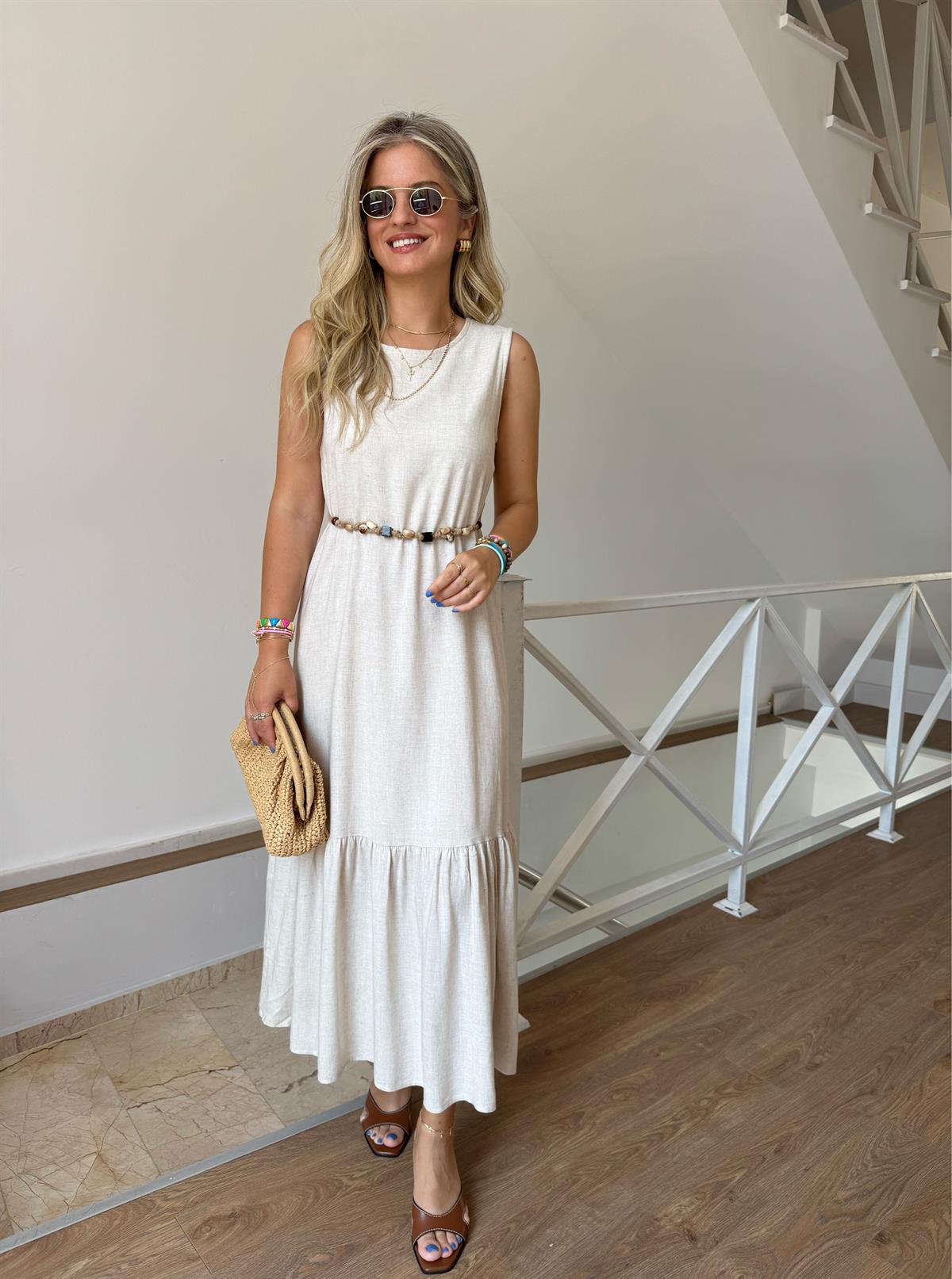 Boncuk Kemerli Keten Maxi Elbise - Naturel