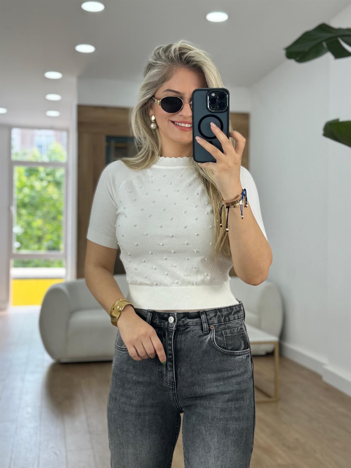 Boncuklu Kısa Kollu Triko - Beyaz 