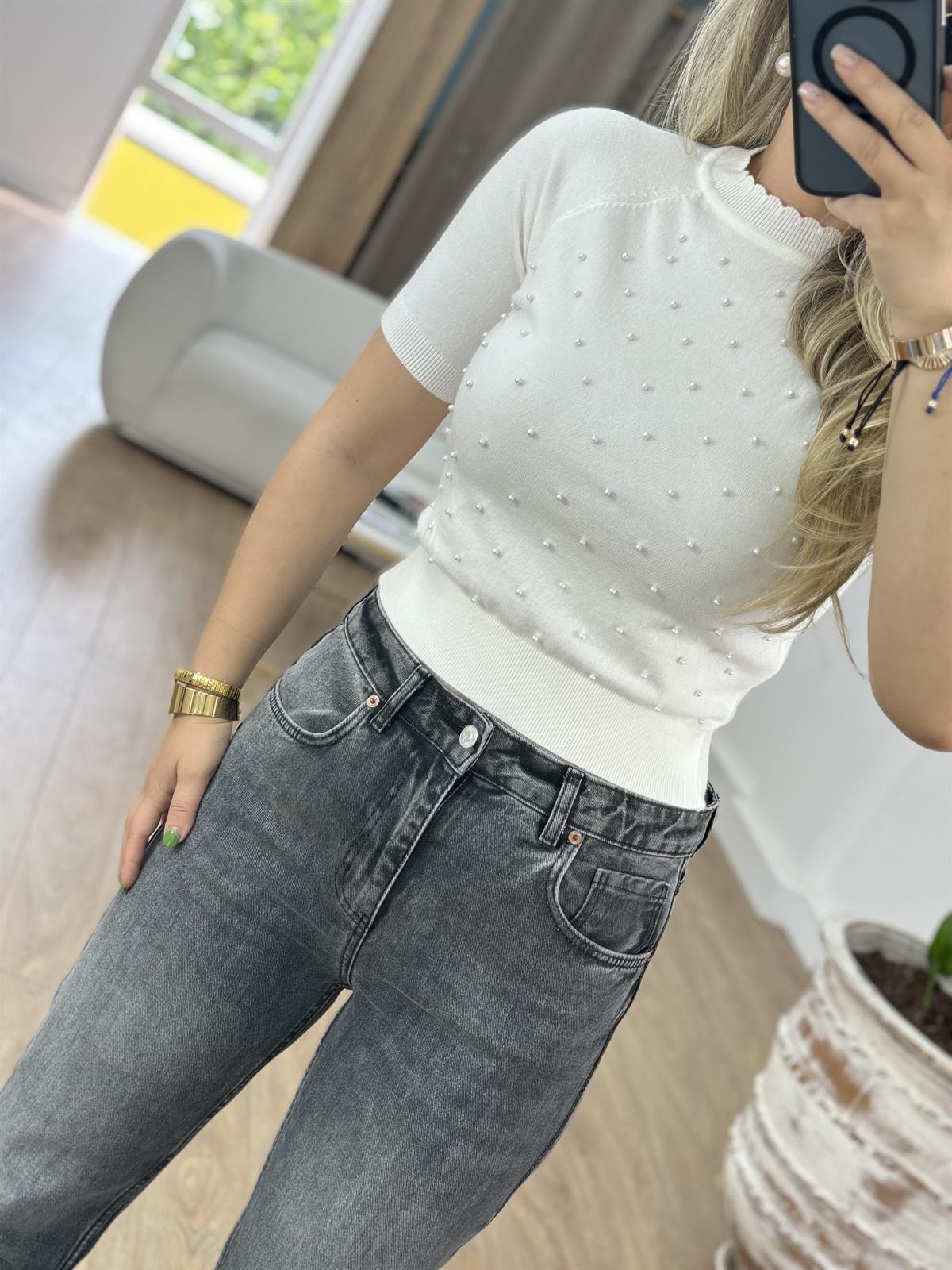 Boncuklu Kısa Kollu Triko - Beyaz 