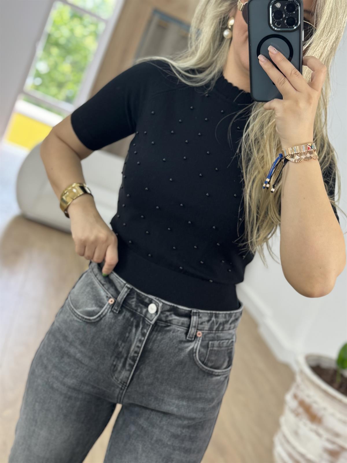 Boncuklu Kısa Kollu Triko - Siyah