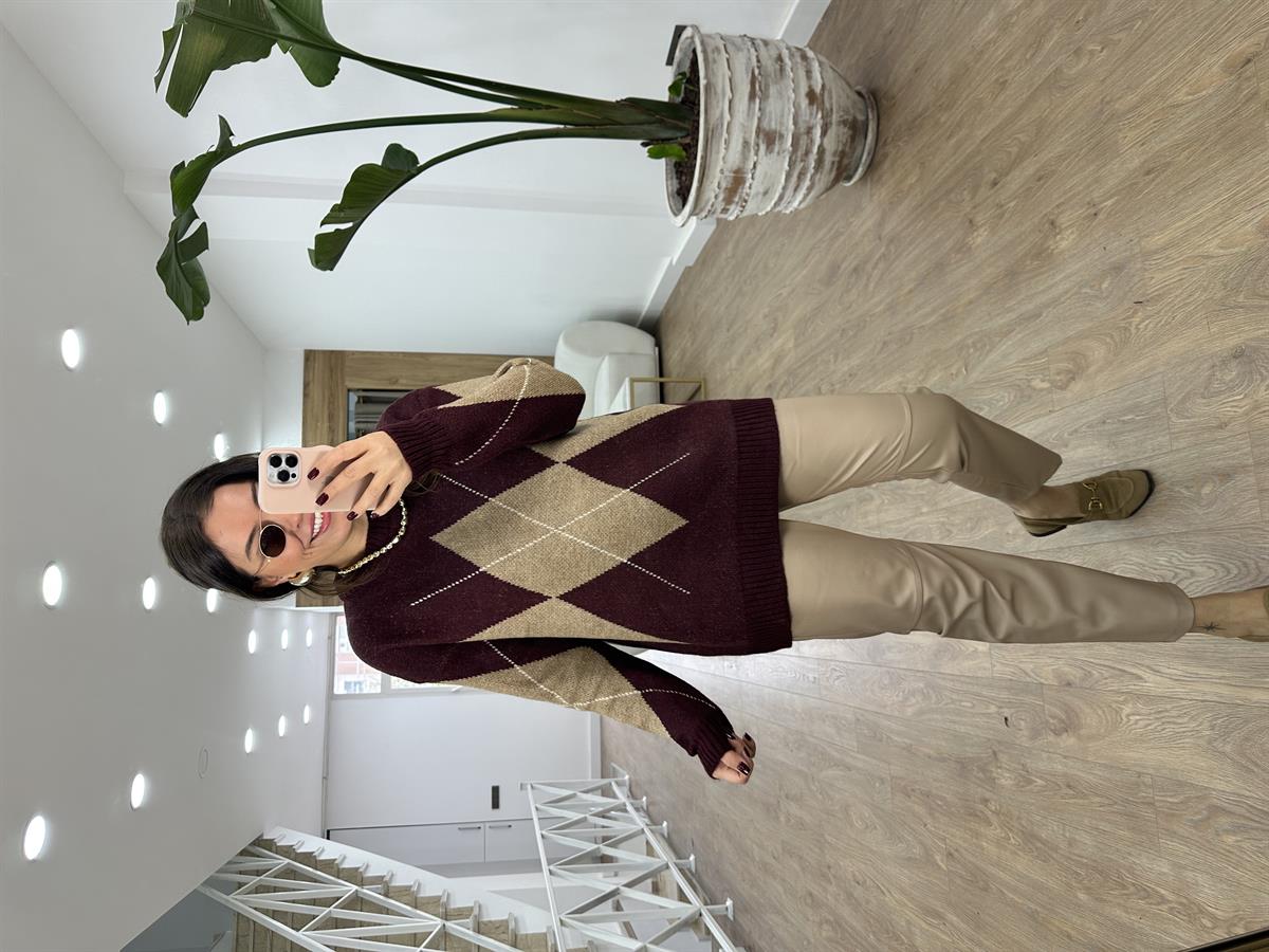 Bordo Camel Baklava Desenli Kazak