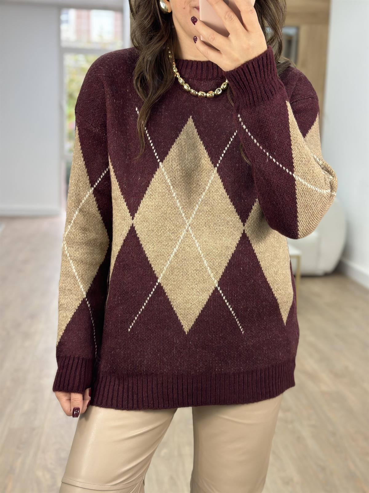 Bordo Camel Baklava Desenli Kazak