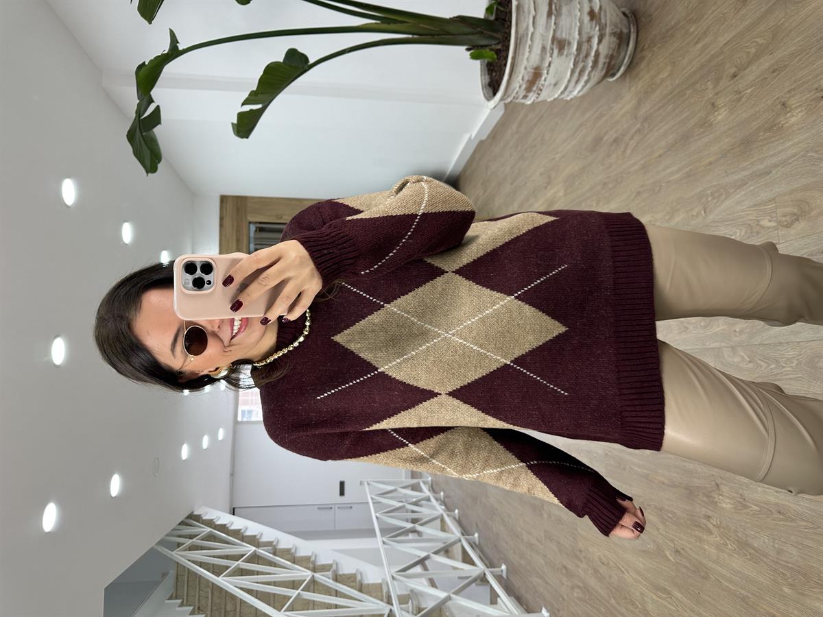 Bordo Camel Baklava Desenli Kazak