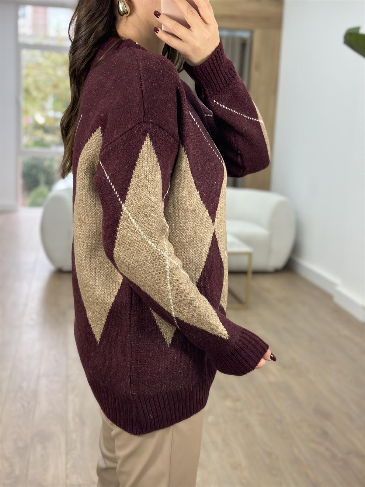 Bordo Camel Baklava Desenli Kazak