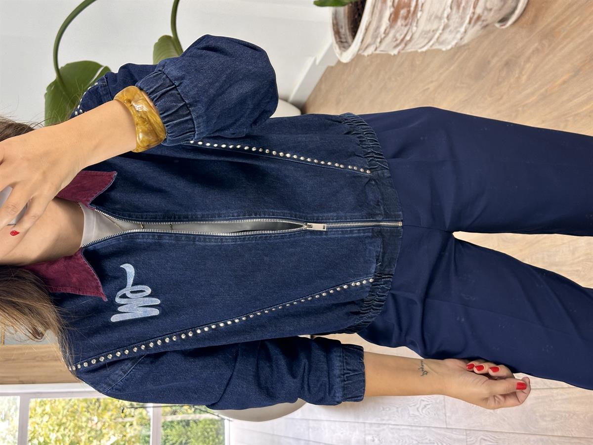 Bordo Kadife Yakalı Tasarım Denim Ceket 