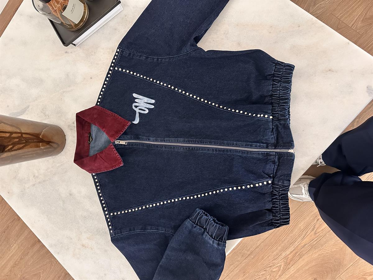 Bordo Kadife Yakalı Tasarım Denim Ceket 
