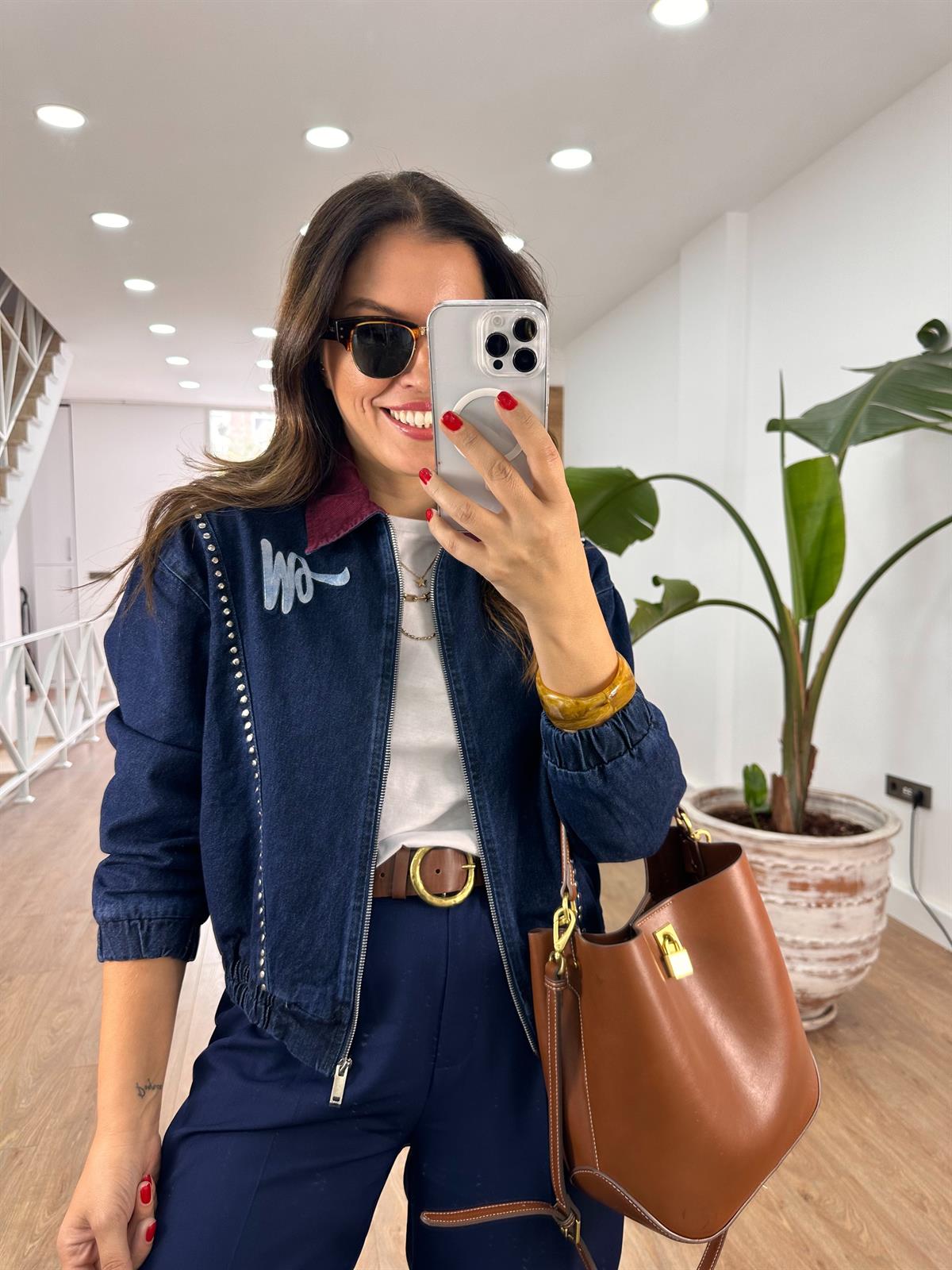 Bordo Kadife Yakalı Tasarım Denim Ceket 