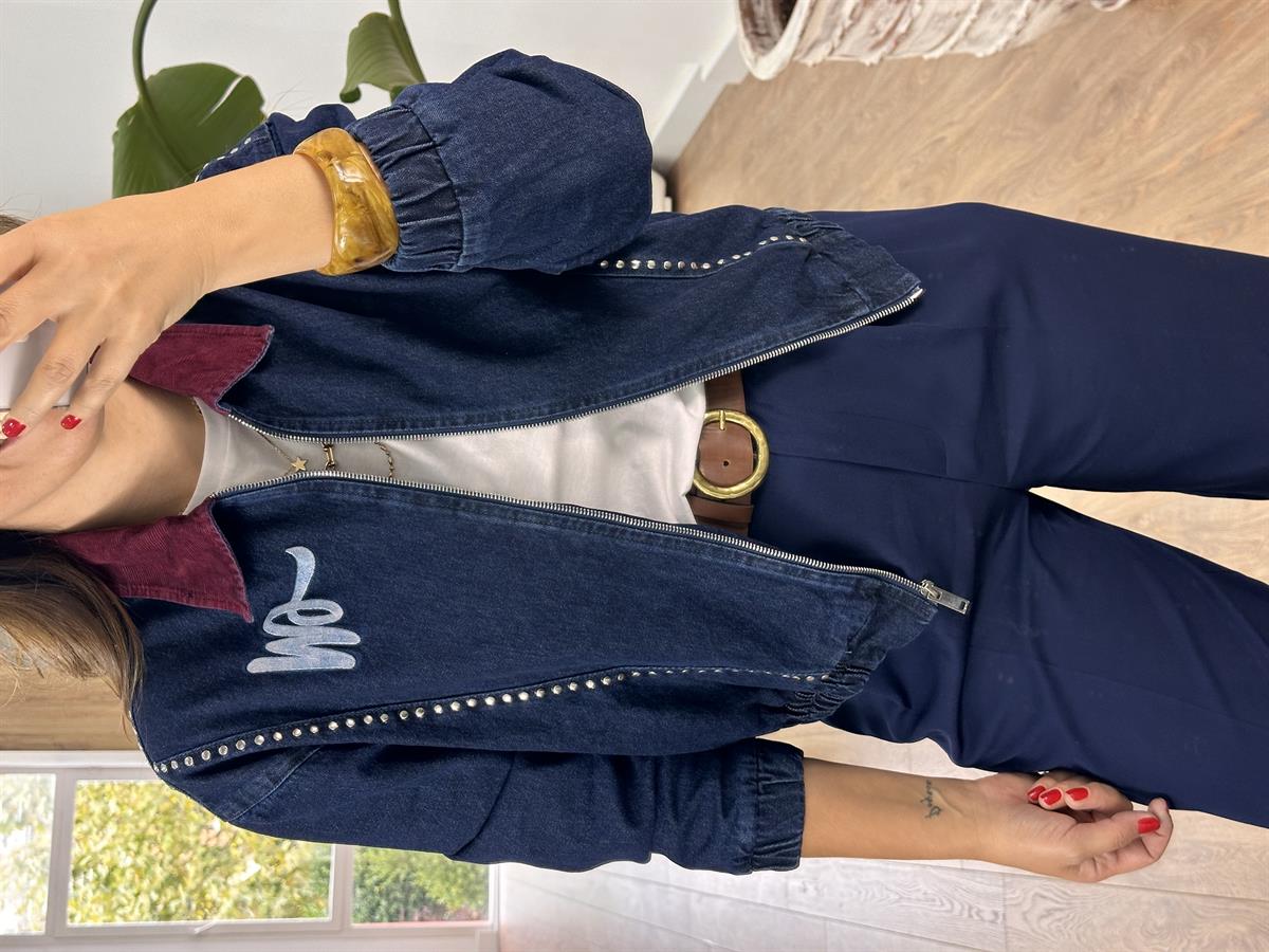 Bordo Kadife Yakalı Tasarım Denim Ceket 