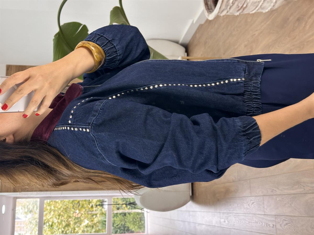 Bordo Kadife Yakalı Tasarım Denim Ceket 