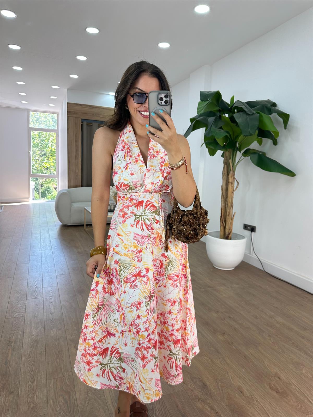 Boyundan Bağlamalı Çiçekli Elbise