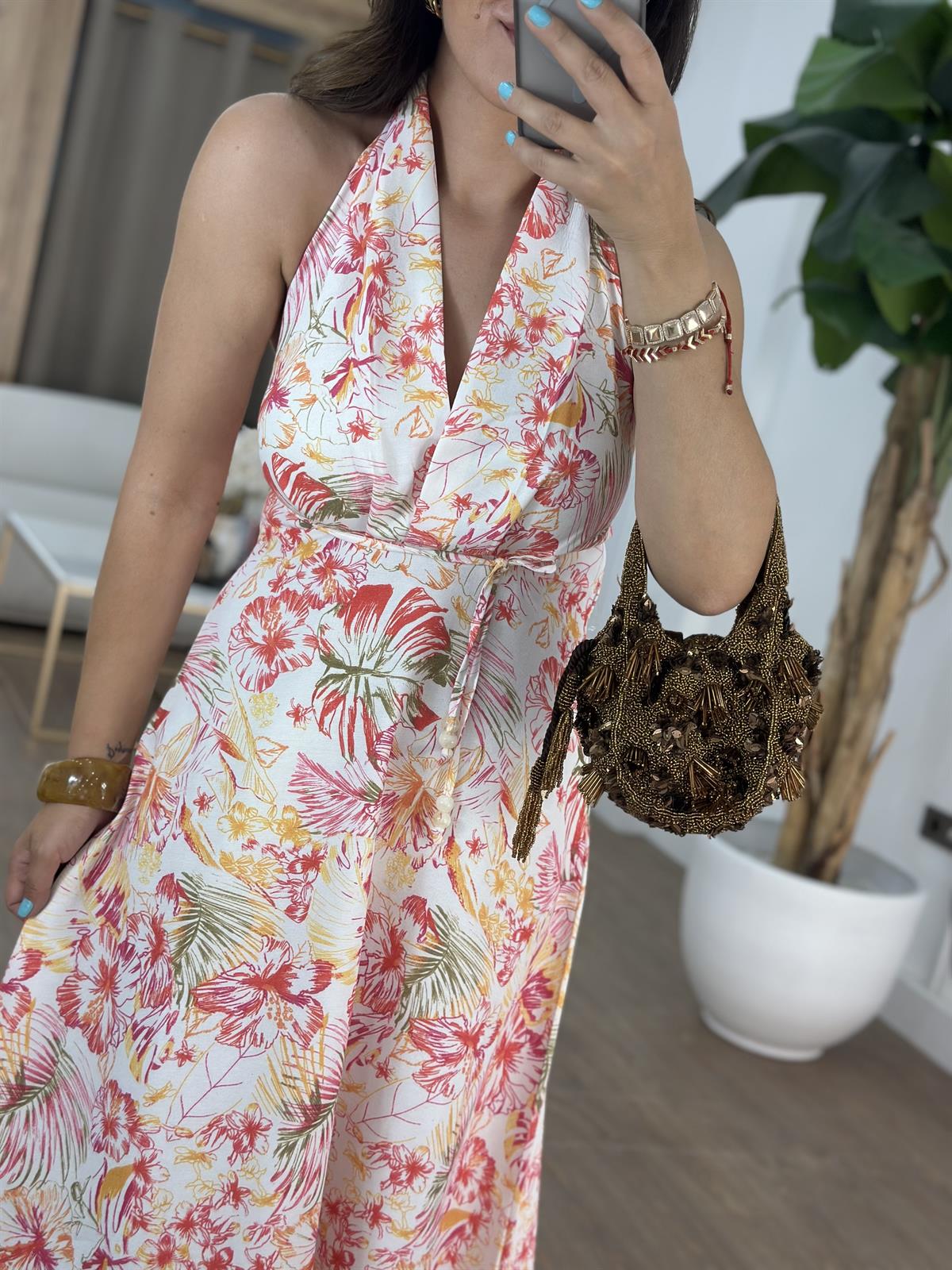 Boyundan Bağlamalı Çiçekli Elbise