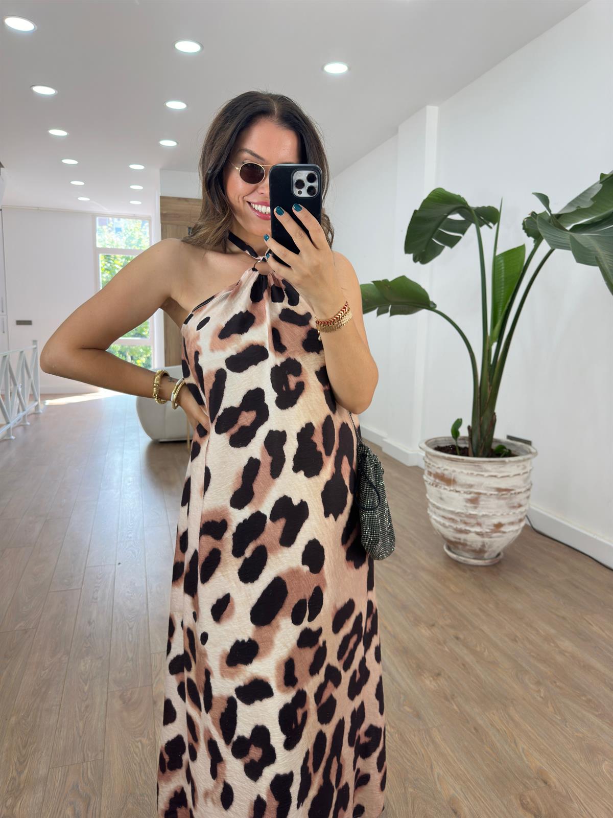 Boyundan Bağlamalı Leopar Elbise