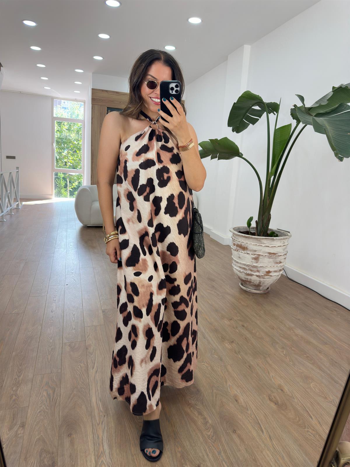 Boyundan Bağlamalı Leopar Elbise